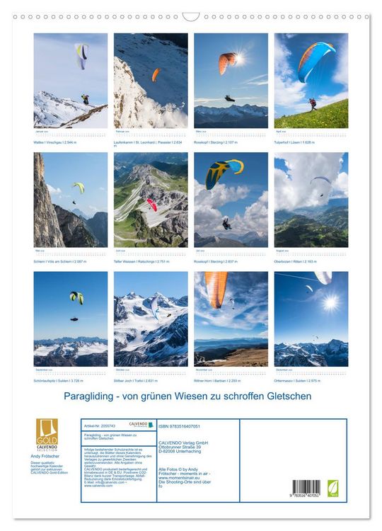 Produktbild: Paragliding - von gr&uuml;nen Wiesen zu schroffen Gletschen (Wandkalender 2026 DIN A2 hoch), CALVENDO Monatskalender