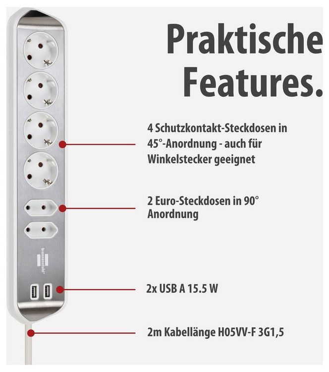 Produktbild: Brennenstuhl 1153590620 Tischsteckdose Silber, Wei&szlig; Schutzkontakt 1 St.
