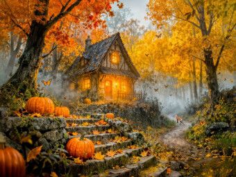 Produktbild: CALVENDO Puzzle Herbst Cottage im bunten Wald mit K&uuml;rbis und Fuchs | 1000 Teile Lege-Gr&ouml;&szlig;e 64x48cm Foto-Puzzle f&uuml;r gl&uuml;ckliche Stunden