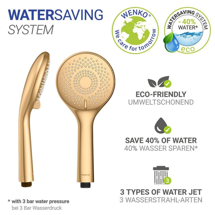 Produktbild: Duschkopf Watersaving Gold matt, Universal-Handbrause, &Oslash; 11 cm, 3 Strahlarten