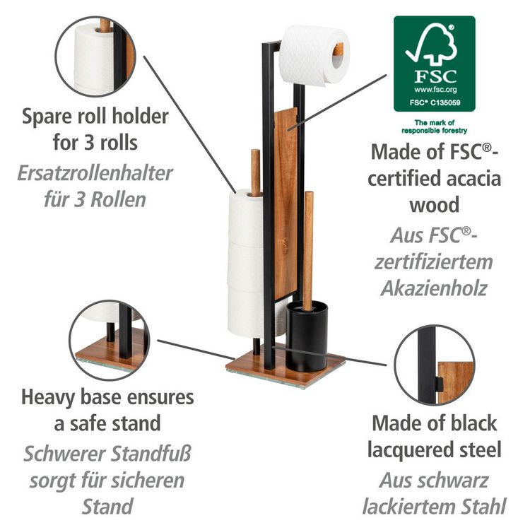 Produktbild: Stand WC-Garnitur Mod. Rivalta Acacia, Akazienholz und schwarz lackierter Stahl