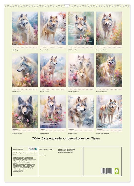 Produktbild: W&ouml;lfe. Zarte Aquarelle von beeindruckenden Tieren (Wandkalender 2026 DIN A2 hoch), CALVENDO Monatskalender