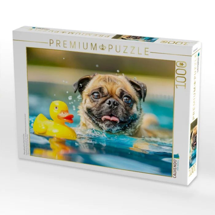 Produktbild: CALVENDO Puzzle Mops planscht im Pool mit Ente | 1000 Teile Lege-Gr&ouml;&szlig;e 64x48cm Foto-Puzzle f&uuml;r gl&uuml;ckliche Stunden