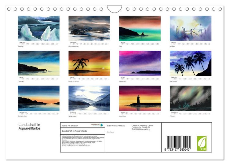 Produktbild: Landschaft in Aquarellfarbe (Wandkalender 2026 DIN A4 quer), CALVENDO Monatskalender