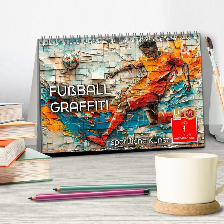 Produktbild: Fu&szlig;ball Graffiti - sportliche Kunst (Tischkalender 2026 DIN A5 quer), CALVENDO Monatskalender