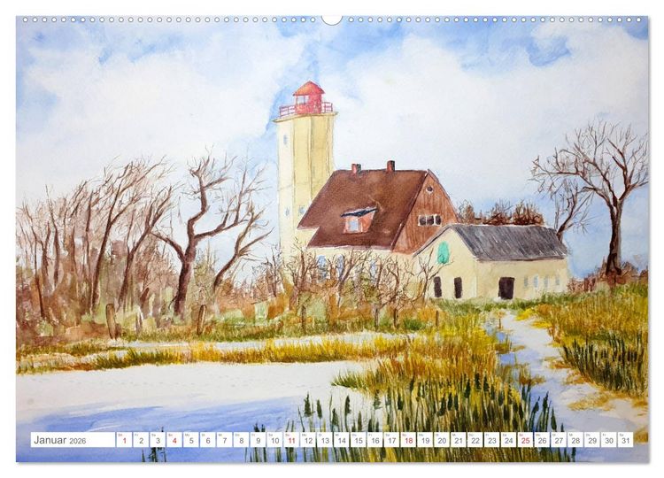Produktbild: Gemalte Leuchtt&uuml;rme - Mit Pinsel und Farbe entlang der deutschen K&uuml;ste (Wandkalender 2026 DIN A2 quer), CALVENDO Monatskalender