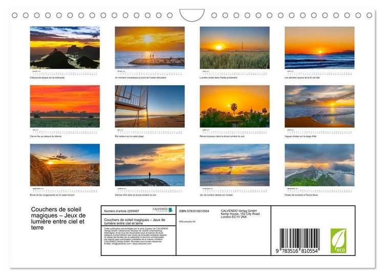 Produktbild: Couchers de soleil magiques &ndash; Jeux de lumi&egrave;re entre ciel et terre (Calendrier mural 2027 DIN A4 vertical), CALVENDO calendrier mensuel