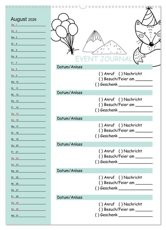 Produktbild: Geburtstagsplaner Doodle Tiere - F&uuml;r Termine, Geschenke, Eventdetails & mehr (Wandkalender 2026 DIN A2 hoch), CALVENDO Monatskalender