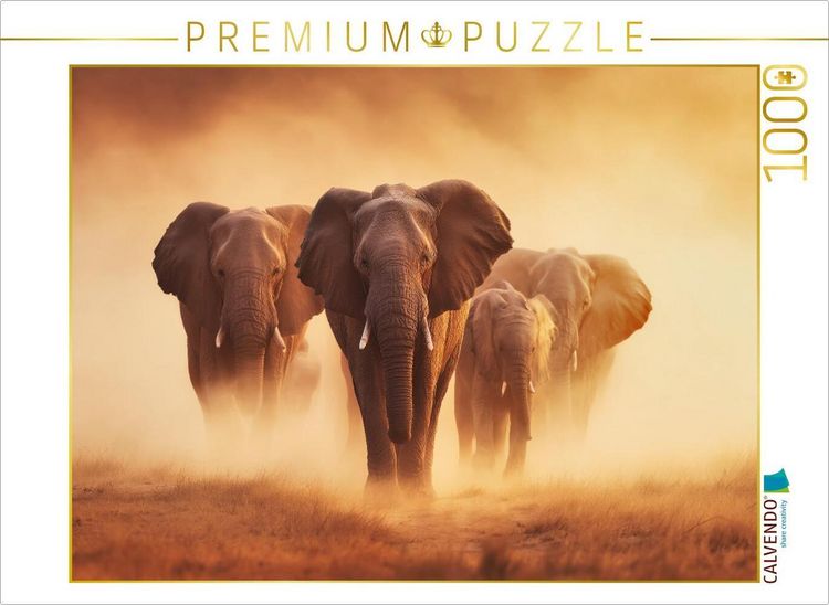 Produktbild: CALVENDO Puzzle Elefanten, gemeinsam durch das endlose Gold der Sonne | 1000 Teile Lege-Gr&ouml;&szlig;e 64x48cm Foto-Puzzle f&uuml;r gl&uuml;ckliche Stunden