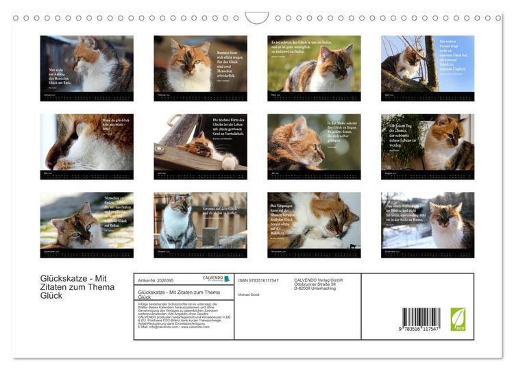 Produktbild: Gl&uuml;ckskatze - Mit Zitaten zum Thema Gl&uuml;ck (Wandkalender 2026 DIN A3 quer), CALVENDO Monatskalender