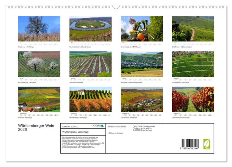 Produktbild: W&uuml;rttemberger Wein 2026 (hochwertiger Premium Wandkalender 2026 DIN A2 quer), Kunstdruck in Hochglanz