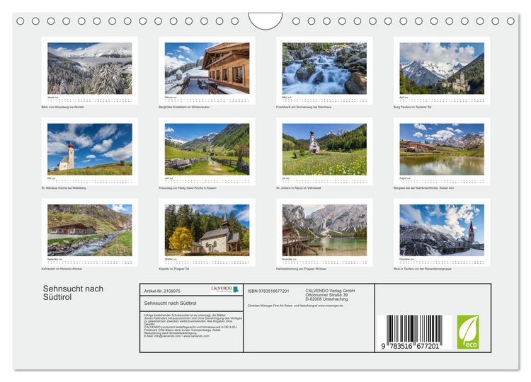 Produktbild: Sehnsucht nach S&uuml;dtirol (Wandkalender 2026 DIN A4 quer), CALVENDO Monatskalender