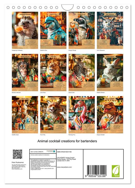 Produktbild: Animal cocktail creations for bartenders (Wall Calendar 2026 DIN A4 portrait), CALVENDO 12 Month Wall Calendar