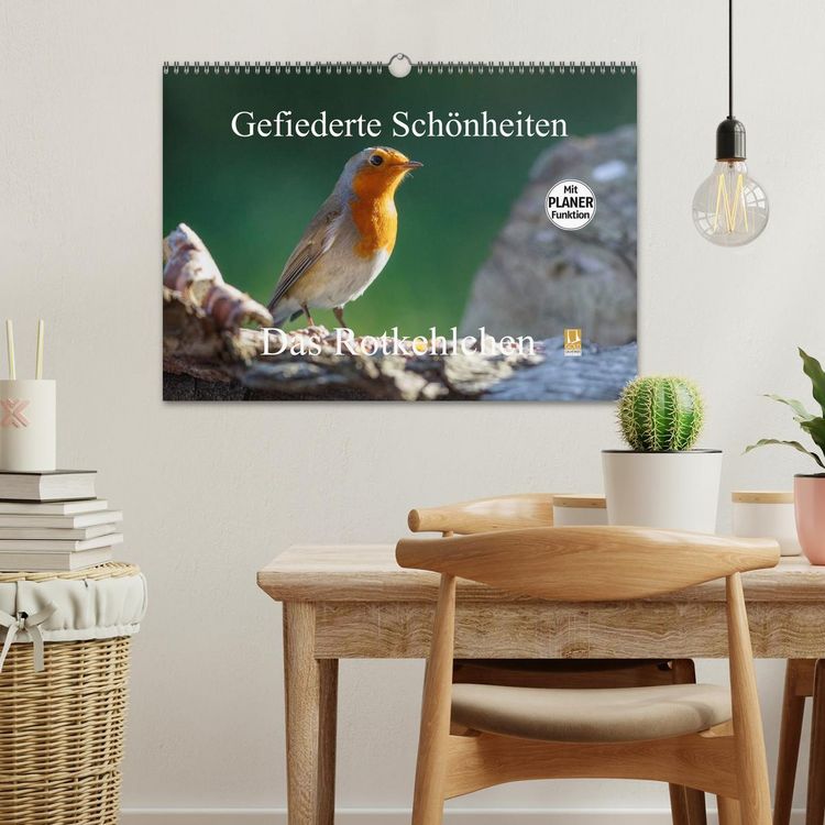 Produktbild: Gefiederte Sch&ouml;nheiten - Das Rotkehlchen / Planer (Wandkalender 2026 DIN A3 quer), CALVENDO Monatskalender