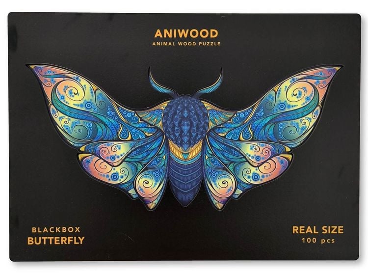 Produktbild: Aniwood J2320M - Animal Wood Puzzle, Blackbox Butterfly M, Schmetterling, Holz-Puzzle, 150 Teile