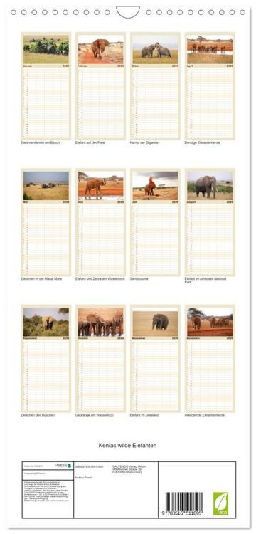 Produktbild: Familienplaner 2026 - Kenias wilde Elefanten mit 5 Spalten (Wandkalender, 21 x 45 cm) CALVENDO