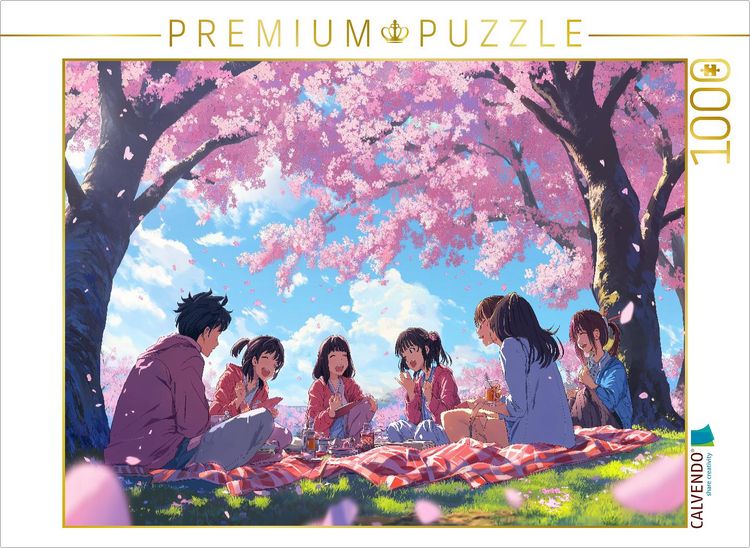 Produktbild: CALVENDO Puzzle Anime Kirschbl&uuml;ten-Picknick - Kawaii Manga-Szene mit Freunden unter Sakura B&auml;umen | 1000 Teile Lege-Gr&ouml;&szlig;e 64x48cm Foto-Puzzle f&uuml;r gl&uuml;ckliche Stunden