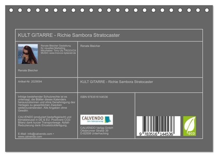 Produktbild: KULT GITARRE - Richie Sambora Stratocaster (Tischkalender 2026 DIN A5 quer), CALVENDO Monatskalender