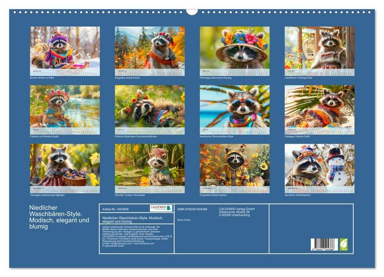 Produktbild: Niedlicher Waschb&auml;ren-Style. Modisch, elegant und blumig (Wandkalender 2026 DIN A2 quer), CALVENDO Monatskalender