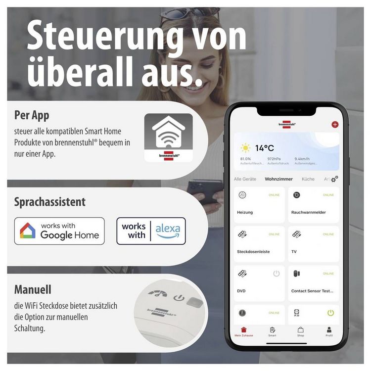 Produktbild: Brennenstuhl 1294880 Wi-Fi Smarte WLAN-Steckdose Innenbereich, Steckdose 3680W