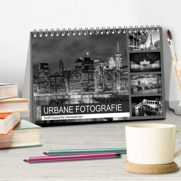 Produktbild: URBANE FOTOGRAFIE Zw&ouml;lf klassische Impressionen (Tischkalender 2026 DIN A5 quer), CALVENDO Monatskalender
