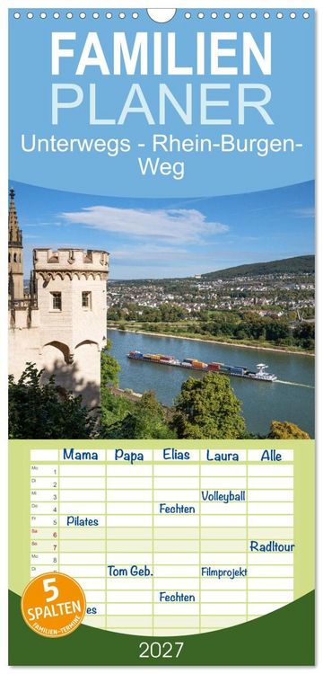 Produktbild: Familienplaner 2027 - Unterwegs - Rhein-Burgen-Weg mit 5 Spalten (Wandkalender, 21 x 45 cm) CALVENDO