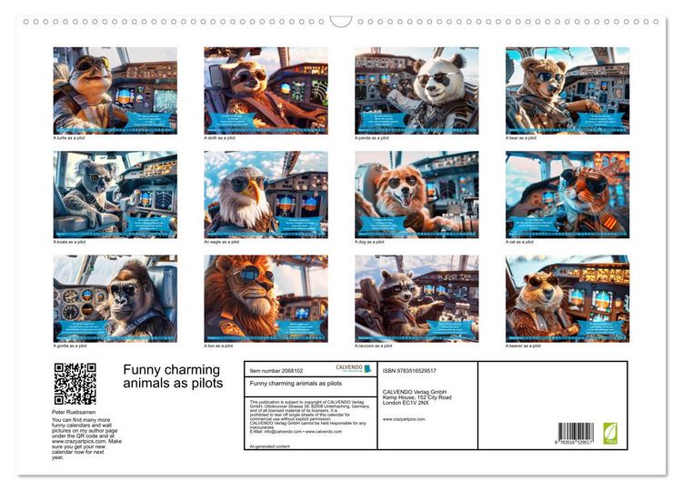 Produktbild: Funny charming animals as pilots (Wall Calendar 2026 DIN A2 landscape), CALVENDO 12 Month Wall Calendar