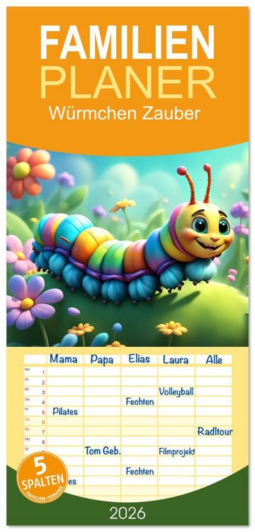 Produktbild: Familienplaner 2026 - W&uuml;rmchen Zauber mit 5 Spalten (Wandkalender, 21 x 45 cm) CALVENDO