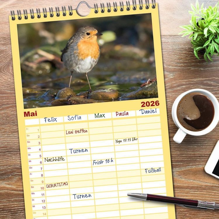 Produktbild: Familienplaner 2026 - Geliebtes Rotkehlchen mit 5 Spalten (Wandkalender, 21 x 45 cm) CALVENDO