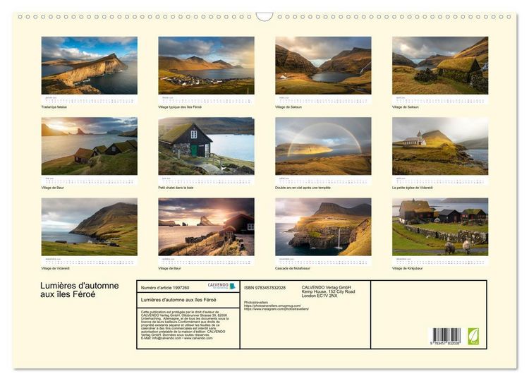 Produktbild: Lumi&egrave;res d'automne aux &icirc;les F&eacute;ro&eacute; (Calendrier mural 2026 DIN A2 vertical), CALVENDO calendrier mensuel