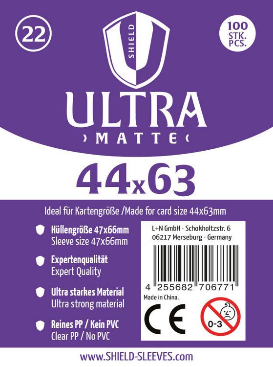 Produktbild: Shield Ultra Matte 22 - 100 Super Sleeves f&uuml;r Kartengr&ouml;&szlig;e 44x63 mm