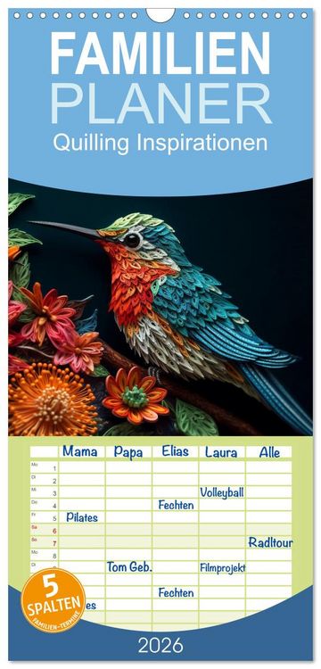 Produktbild: Familienplaner 2026 - Quilling Inspirationen mit 5 Spalten (Wandkalender, 21 x 45 cm) CALVENDO