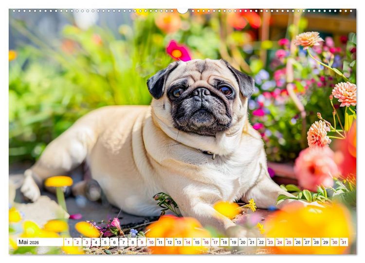 Produktbild: Mops-Mania - Der Spa&szlig;kalender f&uuml;r Mops-Fans (hochwertiger Premium Wandkalender 2026 DIN A2 quer), Kunstdruck in Hochglanz