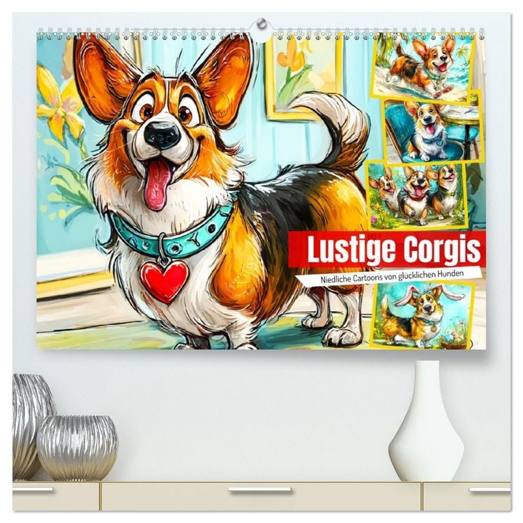 Produktbild: Lustige Corgis. Niedliche Cartoons von gl&uuml;cklichen Hunden (hochwertiger Premium Wandkalender 2026 DIN A2 quer), Kunstdruck in Hochglanz