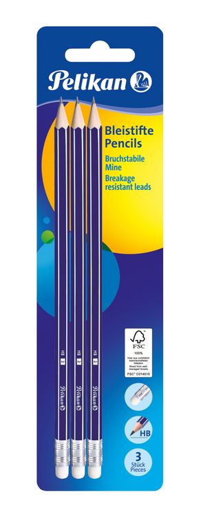 Produktbild: Pelikan Bleistift HB mit Radierer, Sechskant, Blau, 3er Set