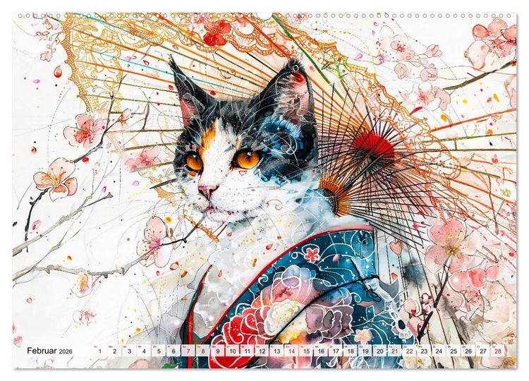 Produktbild: Geisha-Katzen - Mit Bl&uuml;ten, Schirm und Bambus im Japanstil (hochwertiger Premium Wandkalender 2026 DIN A2 quer), Kunstdruck in Hochglanz