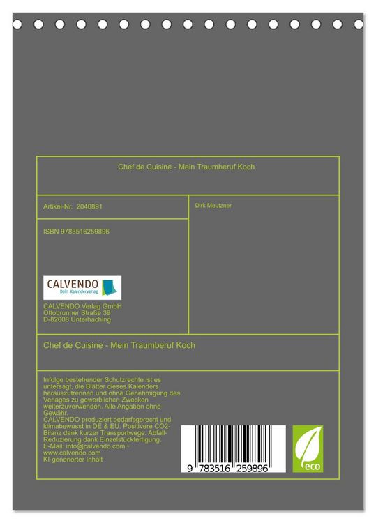 Produktbild: Chef de Cuisine - Mein Traumberuf Koch (Tischkalender 2026 DIN A5 hoch), CALVENDO Monatskalender