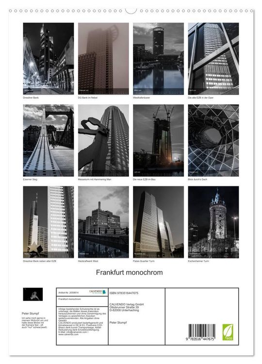 Produktbild: Frankfurt monochrom (hochwertiger Premium Wandkalender 2026 DIN A2 hoch), Kunstdruck in Hochglanz