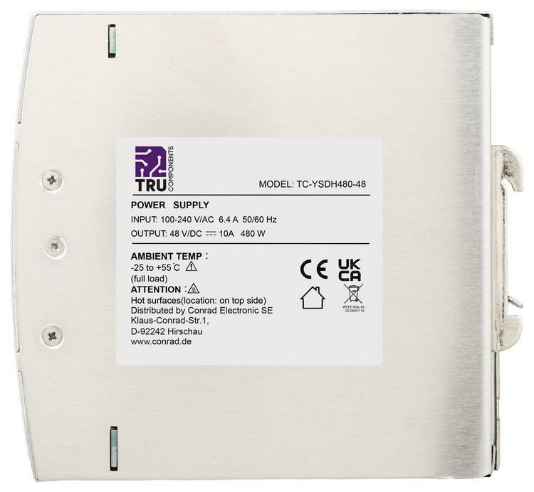 Produktbild: TRU COMPONENTS TC-13864576 Hutschienen-Netzteil (DIN-Rail) 48 V/DC 10 A 480 W Anzahl Ausg&auml;nge:1 x Inhalt 1 St.
