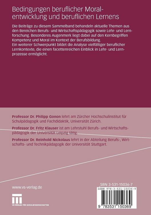 Produktbild: Bedingungen beruflicher Moralentwicklung und beruflichen Lernens