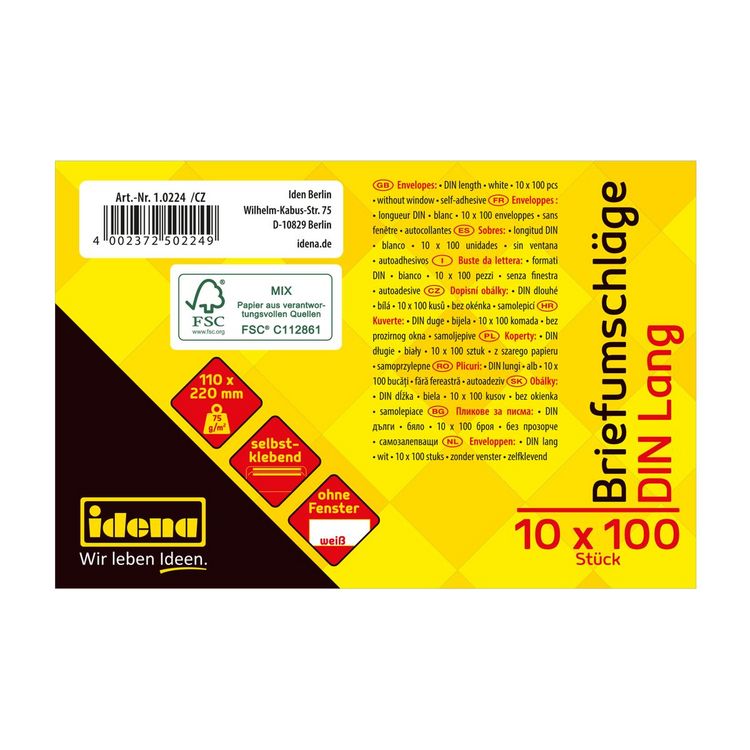 Produktbild: Idena Briefumschl&auml;ge 75g/m&sup2; selbstklebend ohne Fenster wei&szlig; DIN lang 100 St&uuml;ck