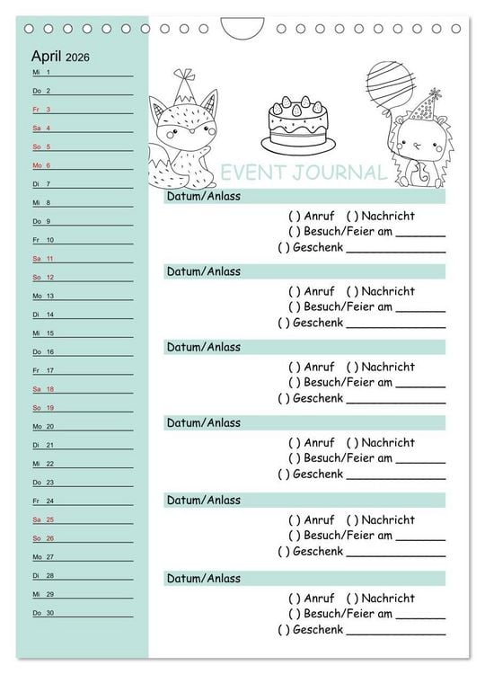 Produktbild: Geburtstagsplaner Doodle Tiere - F&uuml;r Termine, Geschenke, Eventdetails & mehr (Wandkalender 2026 DIN A4 hoch), CALVENDO Monatskalender