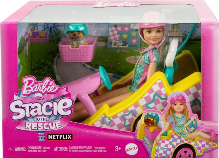 Produktbild: Barbie Stacie Rennfahrerin-Puppe mit Gokart-Spielzeugauto, Hündchen, Zubehör und Stickerbogen