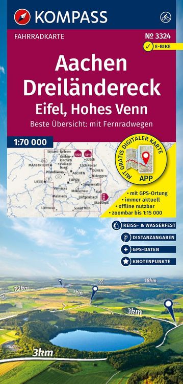 Produktbild: KOMPASS Fahrradkarte 3324 Aachen, Dreil&auml;ndereck, Eifel, Hohes Venn mit Knotenpunkten 1:70.000