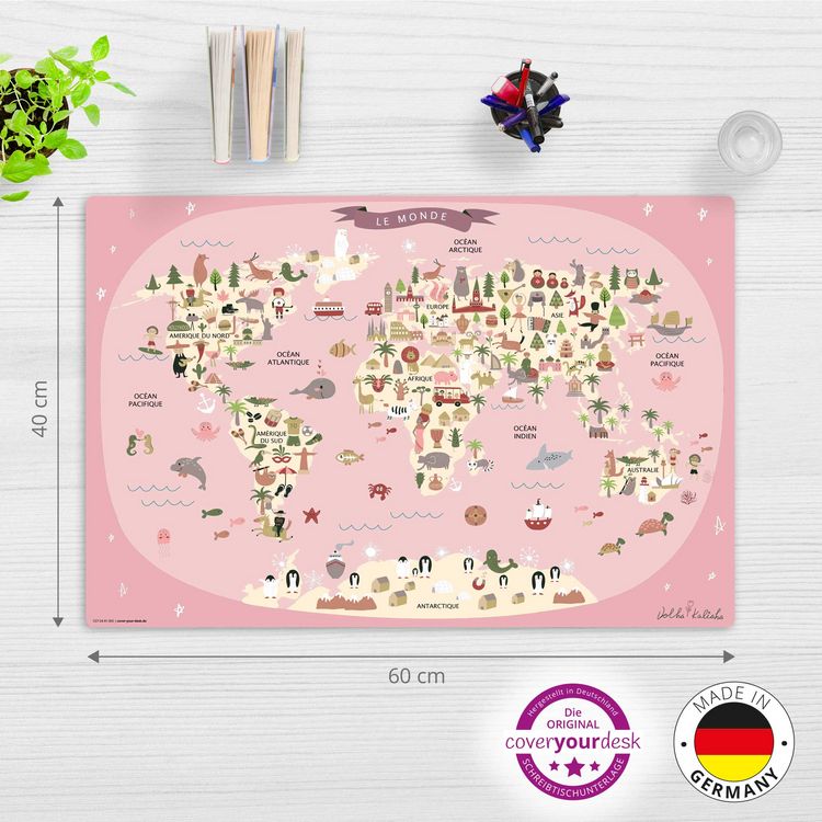 Produktbild: Cover-your-desk Schreibtischunterlage f&uuml;r Kinder Weltkarte in franz&ouml;sisch rosa, aus hochwertigem Vinyl , 60 x 40 cm