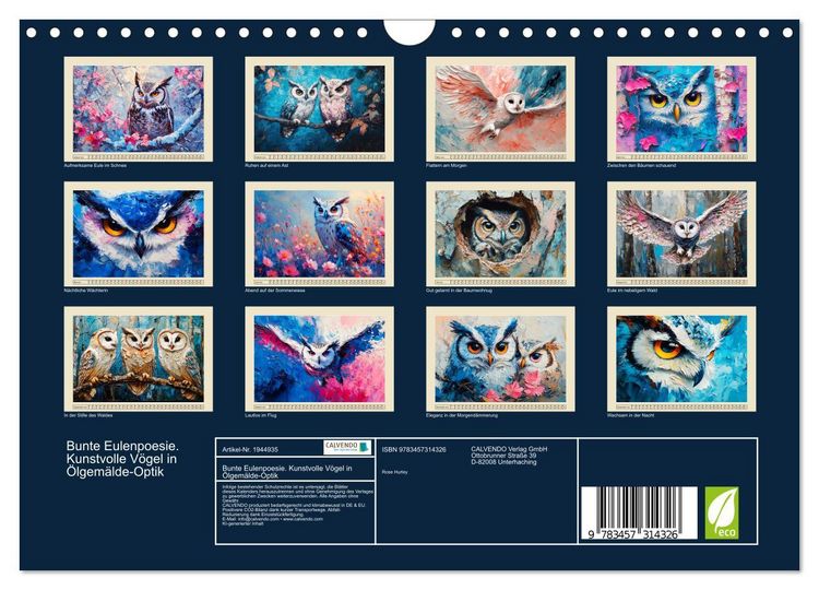 Produktbild: Bunte Eulenpoesie. Kunstvolle V&ouml;gel in &Ouml;lgem&auml;lde-Optik (Wandkalender 2026 DIN A4 quer), CALVENDO Monatskalender
