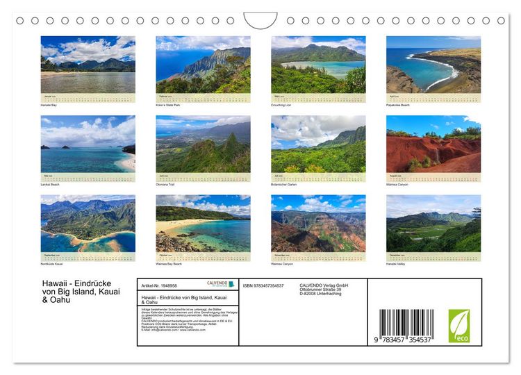 Produktbild: Hawaii - Eindr&uuml;cke von Big Island, Kauai & Oahu (Wandkalender 2026 DIN A4 quer), CALVENDO Monatskalender