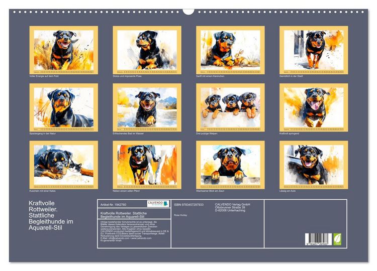 Produktbild: Kraftvolle Rottweiler. Stattliche Begleithunde im Aquarell-Stil (Wandkalender 2026 DIN A2 quer), CALVENDO Monatskalender