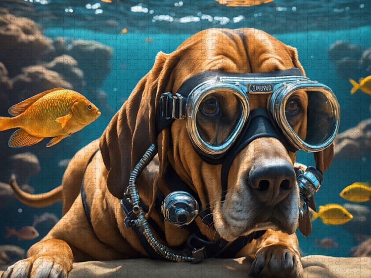 Produktbild: CALVENDO Puzzle Bluthund Pluto mit Schwimmbrille beim Tauchen | 1000 Teile Lege-Gr&ouml;&szlig;e 64x48cm Foto-Puzzle f&uuml;r gl&uuml;ckliche Stunden
