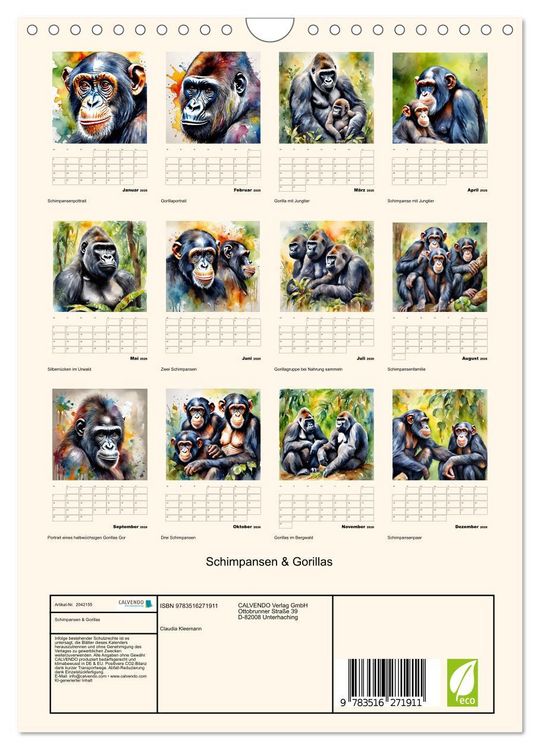 Produktbild: Schimpansen & Gorillas (Wandkalender 2026 DIN A4 hoch), CALVENDO Monatskalender